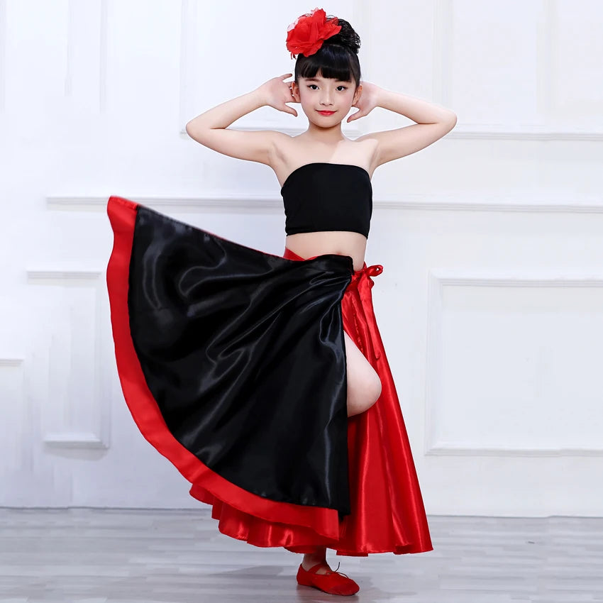 360-720 Degree Red Black Satin Solid Spanish Flamenco Skirt Lace Up Female Dance Costumes Girls Ballroom Mother Daughter Dress
