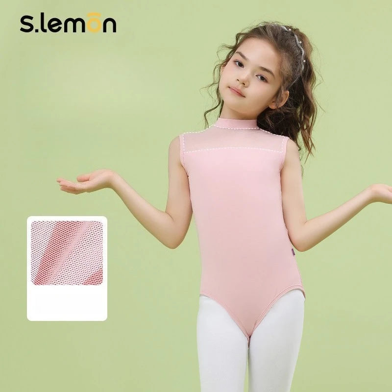 Kids Ballet Leotard Nylon Spandex - Sleeveless High Neck Mesh Panel Girls Dance Exam Gymnastics Bodysuit