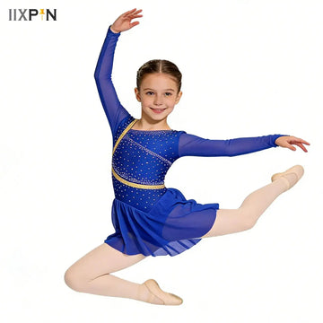 Kids Girls Sparkly Rhinestone Ballet Jersey Leotard Dress Gymnastics Tights Bodysuit Artistic Figure Skating Dance Costume