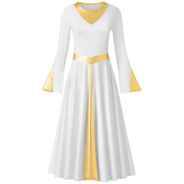 Women Praise Dance Dress with Lining Metallic Fit Full Length Liturgical Long Sleeve Worship Dress