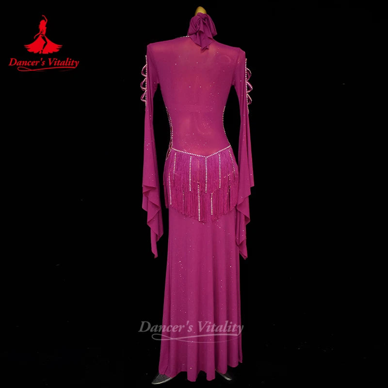 Belly Dancing Performance Robes for Women Sexy Fringe Robe+senior AB Stones Bra+headscarf 3pcs Adult Shaabi Balady Saidy Outfit