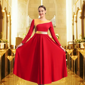Women Christmas Long Sleeve Metal Splice Praise Dance Dress for adult Church Worship Liturgical Robes with Flared Swing Skirts