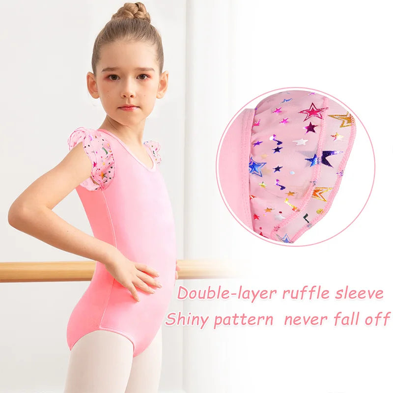 Girls Ruffle Sleeve Ballet Dress Dance Leotards for girl Gymnastics Skirts with Round Neckline and Shiny Design Dance Dress