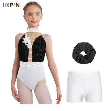 Kid Girls Ballet Dance Clothes Set Sleeveless Applique Rhinestones Acrobatics Rhythmic Gymnastics Leotard with Shorts for Sport