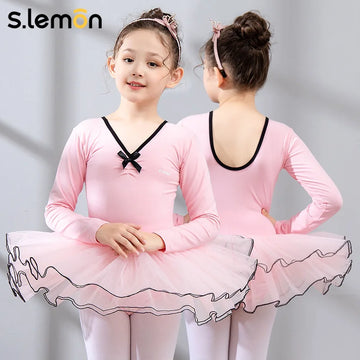 S.lemon Kids Ballet Leotard Dress 90-150CM Mesh Long Sleeve Princess Black Trim Performance Dance Outfit Skirt for Girls