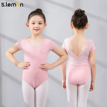 S.lemon Girls Ballet Leotard Summer Short Sleeve Lace V-Back Gymnastics Dance Practice Bodysuit
