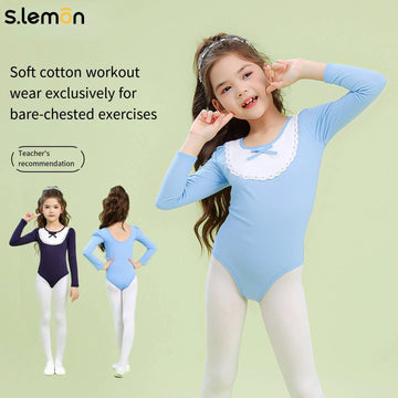 Girls Ballet Leotard Long Sleeve Cotton Spandex Ruffled Collar Paneled Winter Chinese Dance Gymnastics Outfit