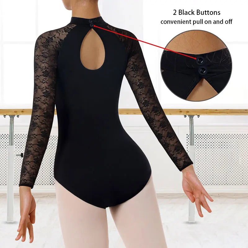 Women Turtleneck Long Sleeves Ballet Dance Leotards for Adult Gymnastics Dance Tops with Water-drop Hollow Back and Soft Lining