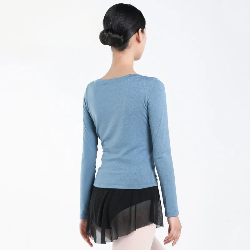 S.lemon Ballet Practice Top Women Long Sleeve Chinese Dance Bodysuit Round Neck Side Twist Warm Gymnastics Training Shirt