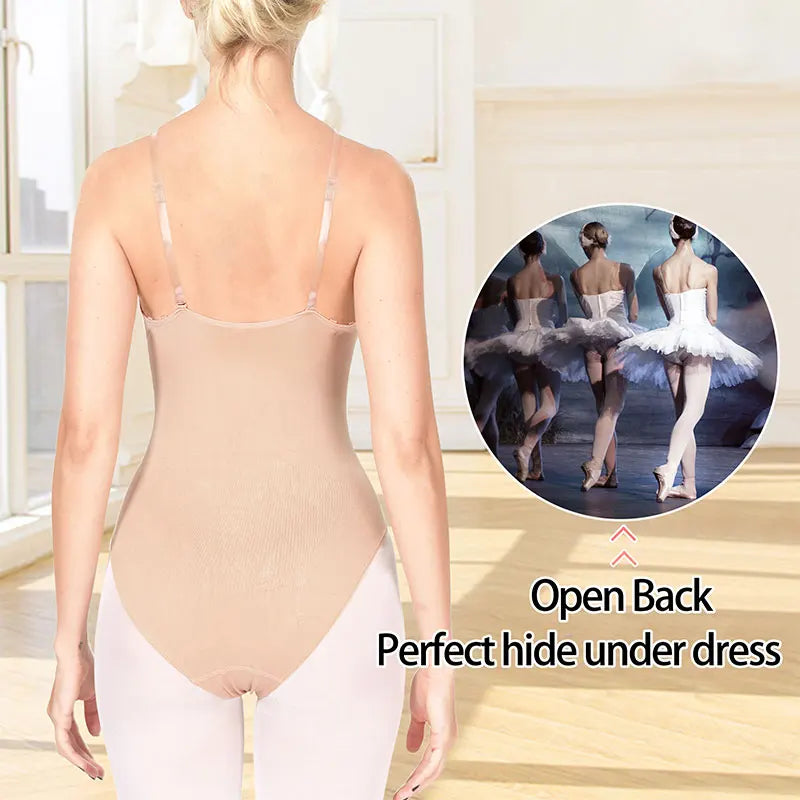 Women's Nude Nylon Seamless Camisole Undergarments Ballet Dance Leotard for Adult Dance Gymnastics with Adjustable Clear Straps