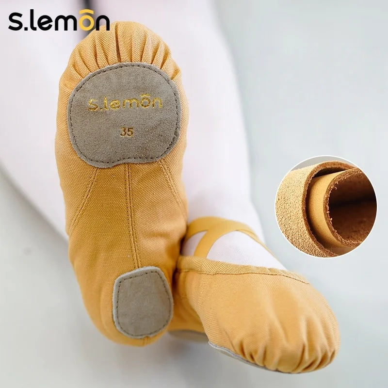S.lemon Women Girls Linen-Cotton Ballet Shoes Camel - Breathable Dance Practice Shoes Adjustable Straps Cow Suede Sole