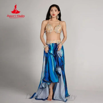 Belly Dancing Performance Set Exquisite Pearl Bra+Belt+Satin Long Skirt 3pcs Adult Women Oriental Dance Competition Costumes