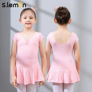 Girls Pink Cotton Dance Leotard Short Sleeve Stretchy Gymnastics Ballet Dress for Kids