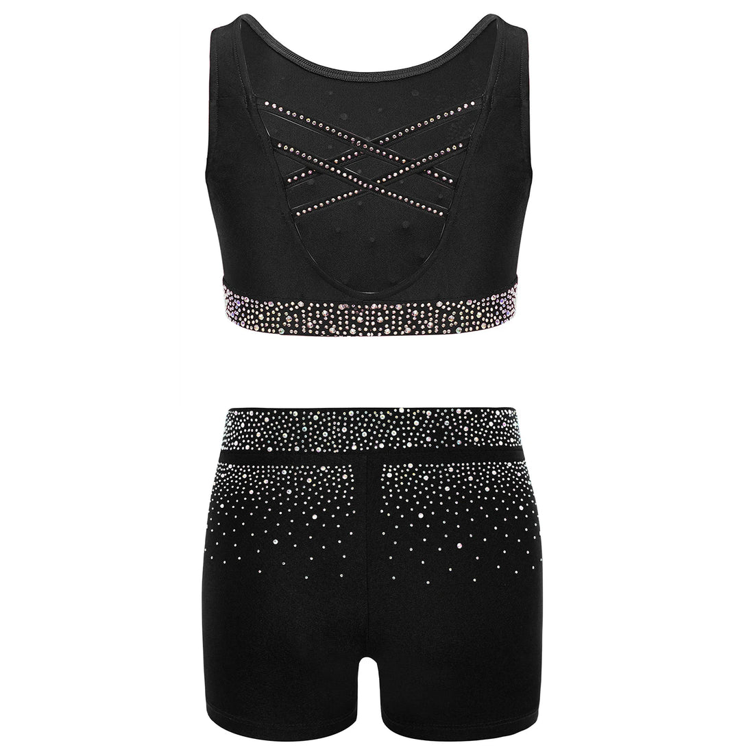 Summer Rhinestones Gymnastics Dance Costume for Kids Girls' Fashion 2-piece Set Cropped Vest with V-Front Shorts for Practice