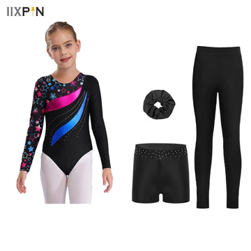 Gymnastics Leotard for Girls Long Sleeve Dance Unitard Tumbling Outfit with Shorts Leggings Hair Tie Fitness Sportswear Set
