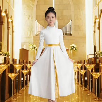 Girls's Praise Dance Dress Long Sleeve Loose Fit Church Dancewear Metallic Full Length Liturgical Worship Costume Dance Dress