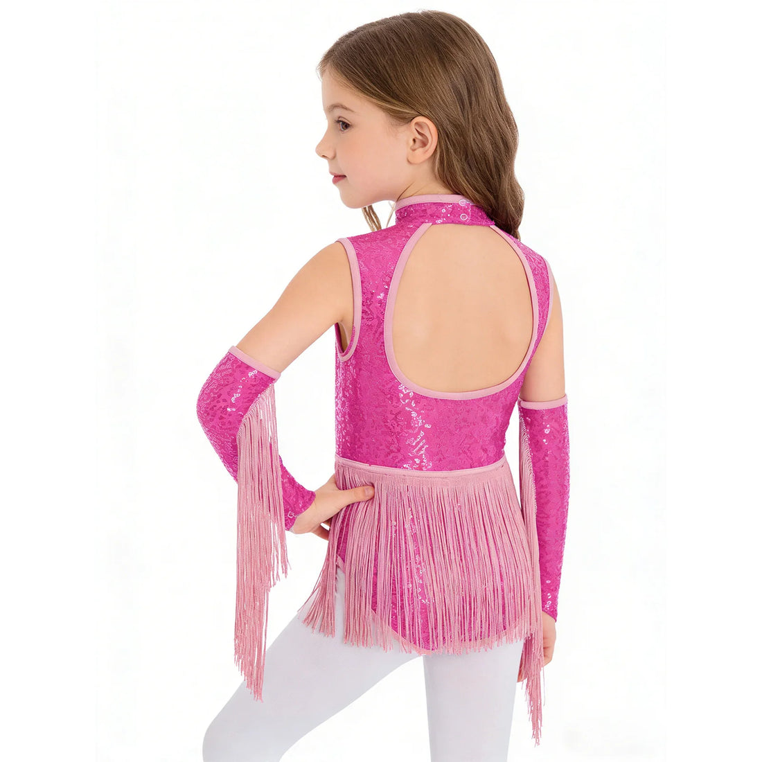 Kids Girls Rhythmic Jersey Gymnastics Latin Jazz Dance Performance Costume Shiny Sequins Tassels Leotard with Gloves Dance Suit