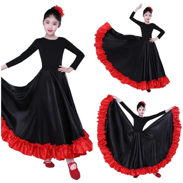 New Children Girl Spain Flamenco Dance Chiffon Skirt for Kids Stage Performance Dancing Skirts 180/360/540/720 Degree Costumes