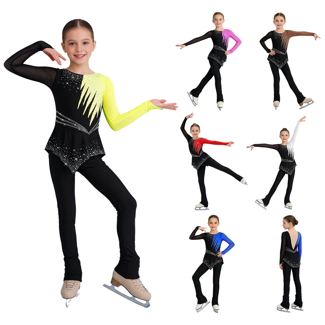Girls Rhythmic Gymnastics Figure Skating Ballet Performance Costumes Jersey Leotard Shiny Rhinestones Artistic Peplum Bodysuit