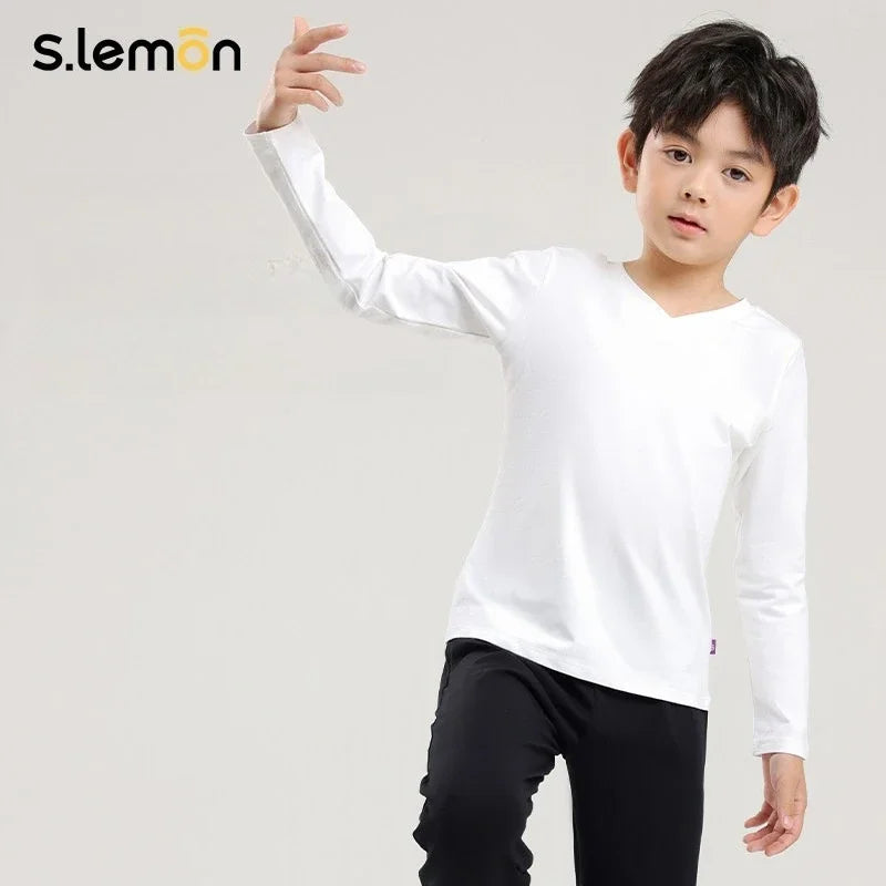 Boys White Long Sleeve V-Neck Dance T-Shirt | Chinese Dance & Latin Dance Practice Top Art Exam Body Suit Kids Dancewear