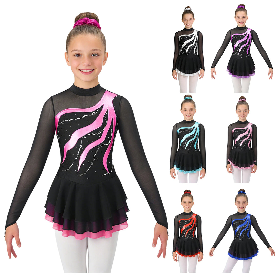 Kids Girls Rhinestone Figure Skating Dress Mesh Ballet Dance Gymnastics Leotard+Hairband Stage Performance Competition Dancewear