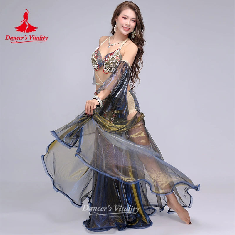 BellyDance Performance Costume Women's Senior AB Stones Bra+Sleeves+Long Skirt 3pcs Oriental Dance Outfit Dancer's Vitality