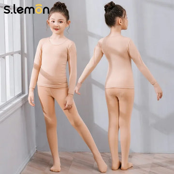 S.lemon Toddler Girl Flesh Colored Dance Base Layer Thin Fleece Warm Undershirt Invisible Gymnastics Training Top 90-150cm
