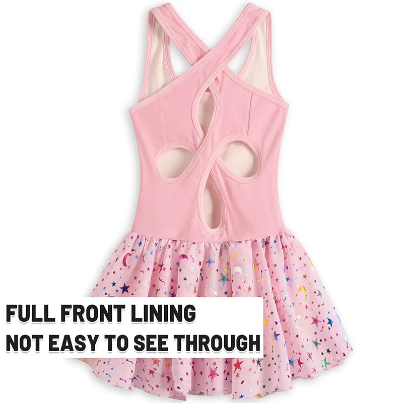 Girl Sleeveless Camisole Dance Dress Ballet Dance Leotards for girl Gymnastics Skirts with Shiny Sequins and Hollow Back