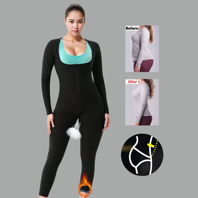 Women's Full Body 3-In-1 Long Sleeved Pants Sauna Sweat Suits Jumpsuits Slimming Weight Loss Slimming Shaper Waist Trainer