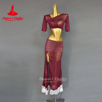 BellyDance Practice Clothes for Women Half Sleeves Top+lace Long Skirt 2pcs Girl's Oriental Belly Dancing Stage Wear Outfit