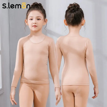 S.lemon Long Sleeve Dance Base Layer for Toddler Girls Flesh Color Invisible Thin Fleece Warm Practice Undershirt 90-150cm