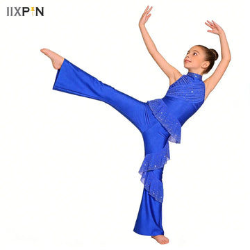 Kids Girl Sleeveless Rhinestone Ballet Dance Leotard Gymnastics Jumpsuit Full Body Suit Figure Ice Skating Dancewear Bell-Bottom