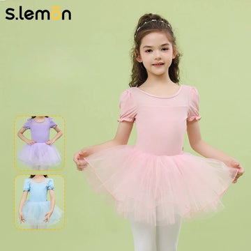 Girls Ballet Leotard Tulle Skirt Short Sleeve Dance Dress for Kids Stretchy Nylon Spandex Bodysuit Chinese Dance & Gymnastics