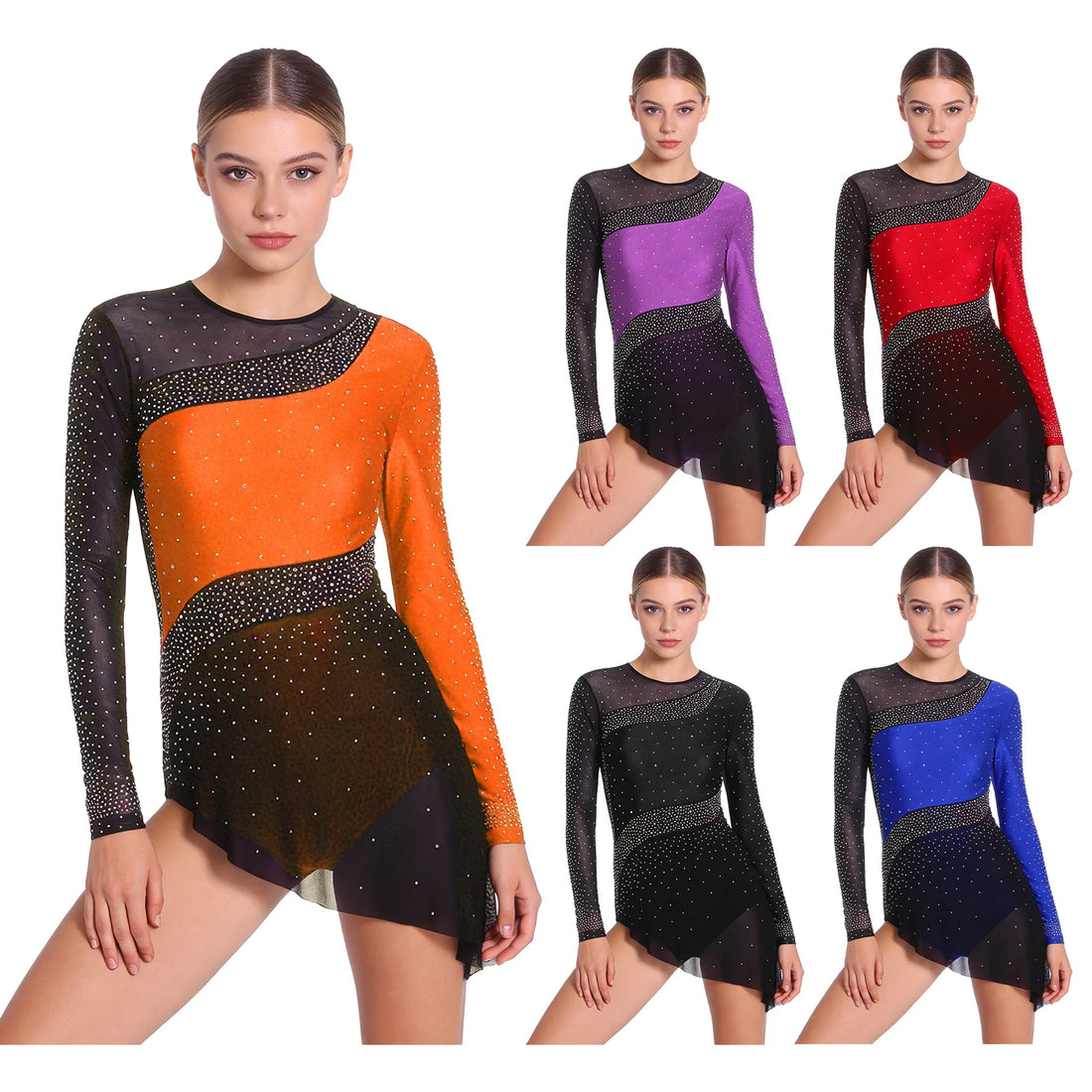 Womens Gymnastics Latin Dance Bodysuit Dress Rhinestone Long Sleeves Dresses Color Blocking Leotard Tango Salsa Rumba Dancewear