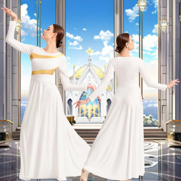 Women Loose Fit Full Length  Long Sleeve Praise Dance Dress for Adult Classical Liturgical Worship Skirts with Upper Body Lining