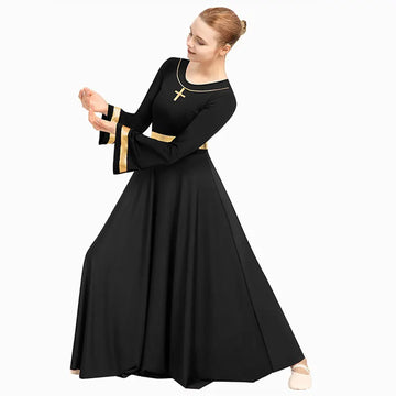 Women Metallic Cross Round Neck Praise Dance Dress Liturgical Worship Costume Pagoda Long Sleeve trumpet Church Robe Praisewear
