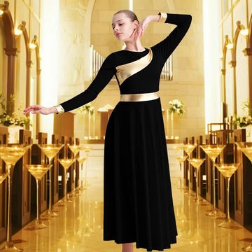 Women's Metallic Block Long Sleeve Praise Dance Dress for adult Church Worship Liturgical Skirts with No crotch and Soft Lining