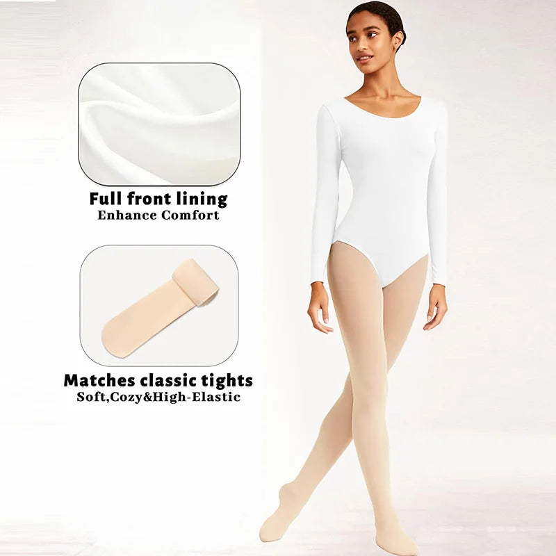 Women's 2Pcs Team Basic Long Sleeve Ballet Dance Leotards for adult Gymnastics Dance Set with Lining and Dance Tights Socks
