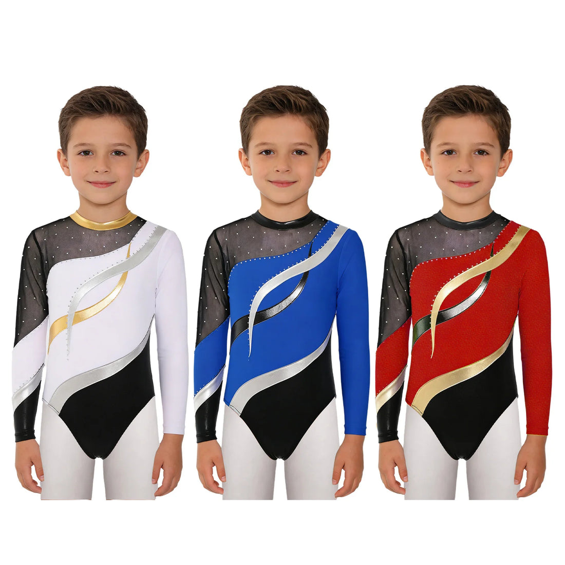 Kids Girls Gymnastics Performance Figure Skating Dance Leotard Long Sleeve Shiny Rhinestones Color Block Competition Bodysuit