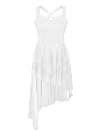 Modern Lyrical Dress Camisole Dance Costume Ballet Asymmetric High-Low Mesh Skirted Sleeveless Gymnastic Dancewear Cross Back