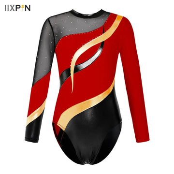 Kids Girls Gymnastics Performance Figure Skating Dance Leotard Long Sleeve Shiny Rhinestones Color Block Competition Bodysuit
