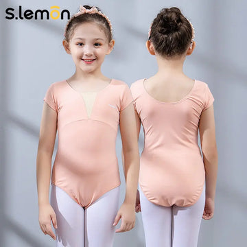 Kids Ballet Leotard Pink Short Sleeve Chinese Dance Practice Wear Girls Body Shaping Gymnastics Jumpsuit