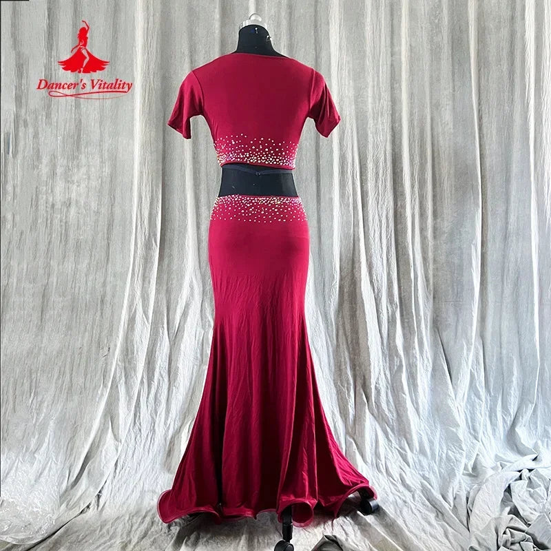 BellyDance Practice Set for Adults and Child Customized Short Sleeved Top+Sexy Fishtail Long Skirt 2pcs Oriental Dance Clothing
