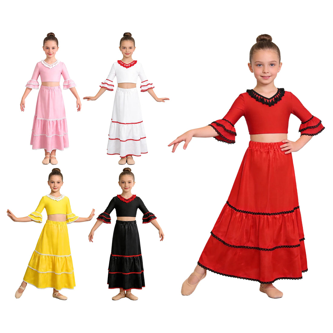 Kids Girls Spanish Flamenco Bullfight Dance Dress Crop Top with Gypsy Long Skirts Dancer Latin Tango Belly Dancewear Costume