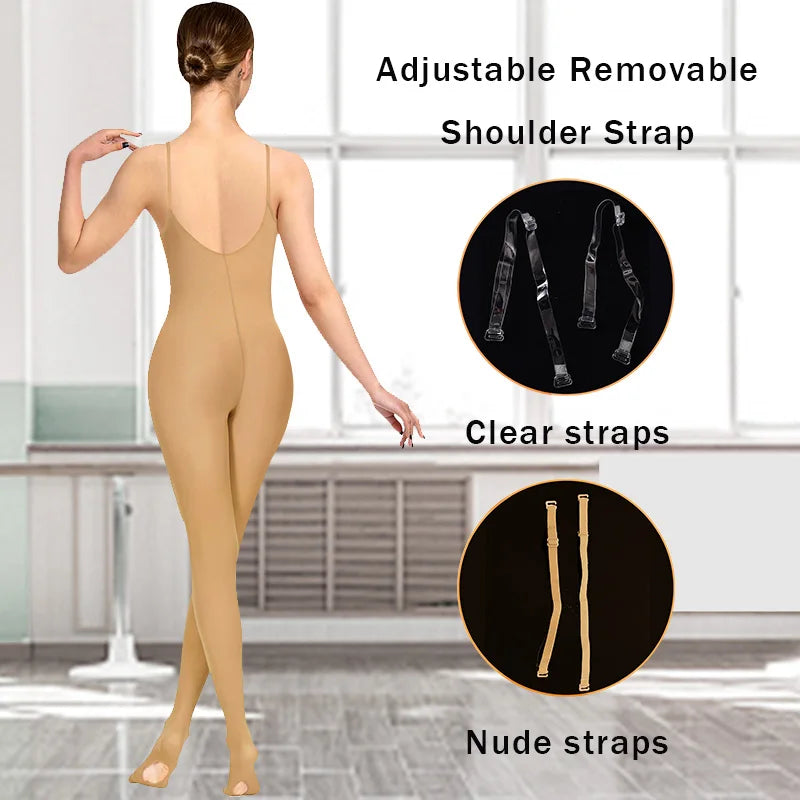 Women's Ballet Gymnastics Full Body Nude Tights Dance Convertible Tights with Adjustable Shoulder Transparent and Nude Straps