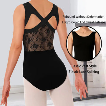 Women's Flower Lace Splice Ballet Dance Leotard for Adult Dance Gymnastics Tank with Crisscross Back and Soft Chest Lining