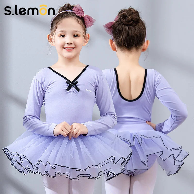 S.lemon Kids Ballet Leotard Dress 90-150CM Mesh Long Sleeve Princess Black Trim Performance Dance Outfit Skirt for Girls