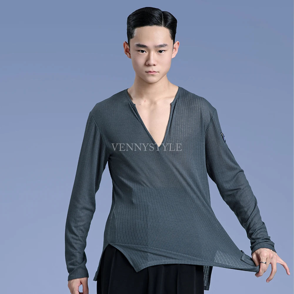 Vennystyle Latin dance men dance top Long sleeve V-neck top dance training dress national standard dance performance