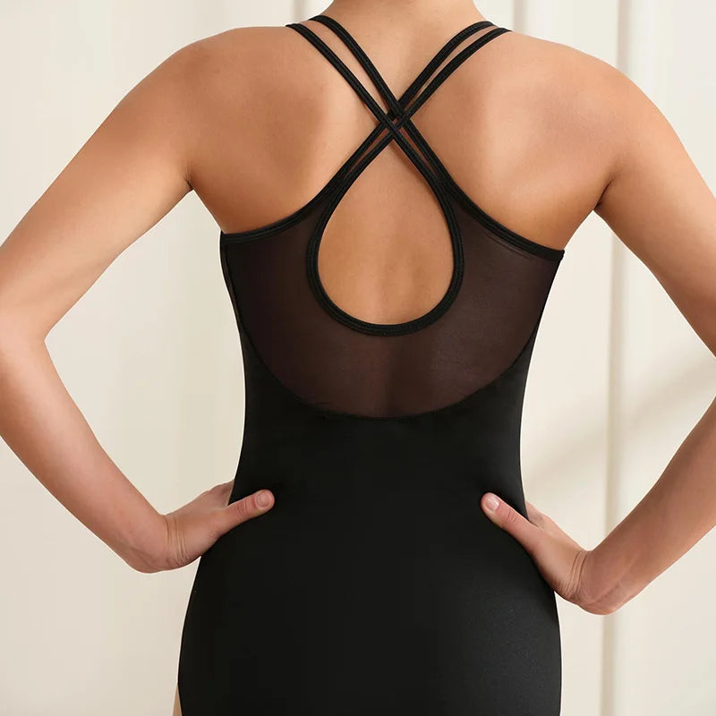 Women's Sleeveless Camisole Ballet Dance Leotards for Adult Gymnastics Tank Tops with Crisscross Water-drop Mesh Back Bodysuits