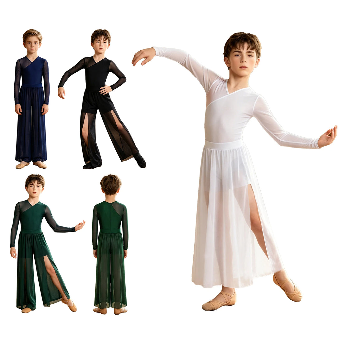 Boys Modern Lyrical Dance Costume Outfit V-neck Back Invisible Zipper Bodysuit with Split Mesh Pants for Performance Competition